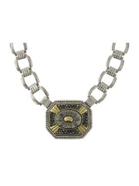 1928 Vintage Art Deco Style Daisy Octagonal Hematite Stone Link Pendant Necklace
